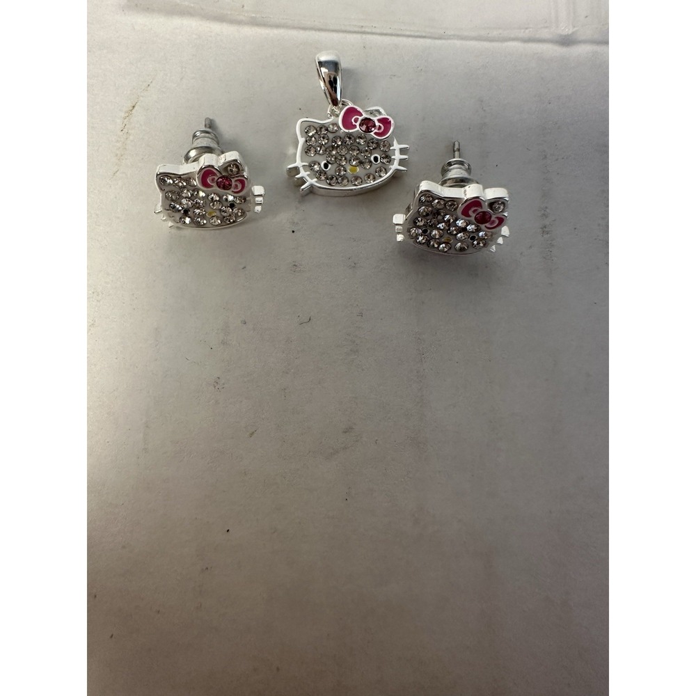 Hello Kitty Sanrio Rhinestone Jewelry Set Pendant & Stud Earrings Silver Tone
